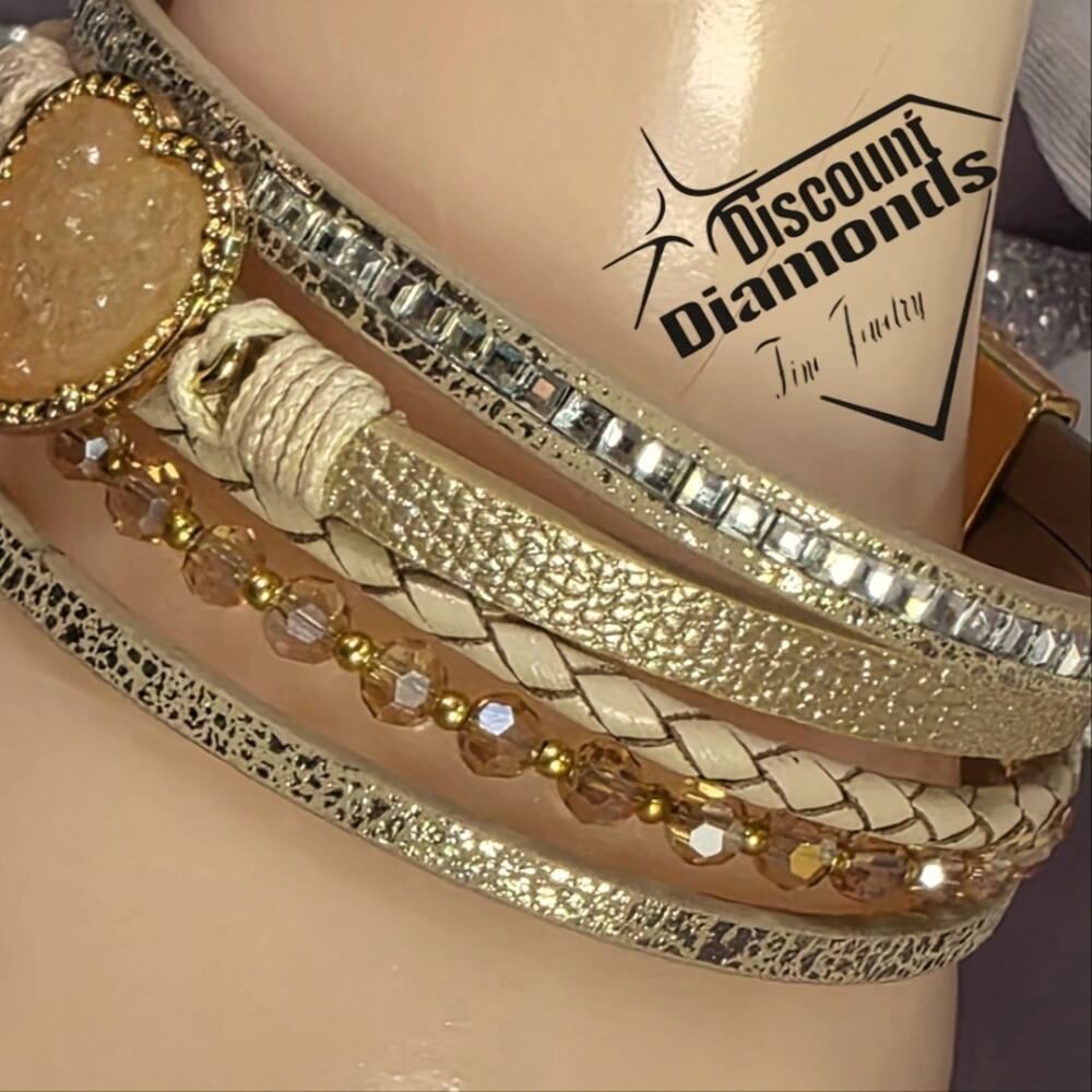 Elegant Gold and Beige Heart Cuff Bracelet - Picture 6 of 8